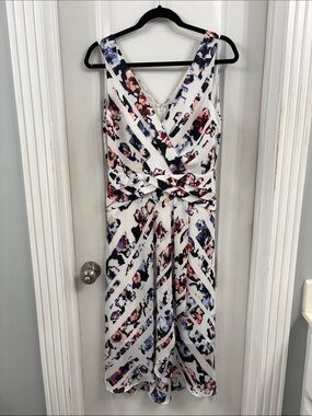 White House Black Market White Midi Dress with Navy and Pink Floral Print